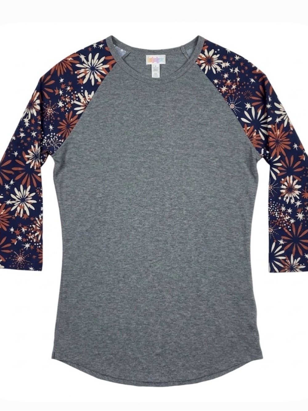 LULAROE Randy with Fireworks Sleeves T-Shirt, 3/4 Sleeve, Women’s XXS,Gray